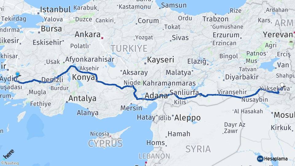 İzmir Tire Hakkari Arası Kaç Km - Yol Haritası