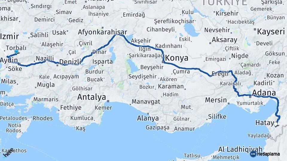 İzmir Tire Hatay Arası Kaç Km - Yol Haritası