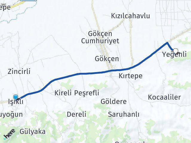 Işıklı Yeğenli Arası Kaç Km - Yol Tarifi