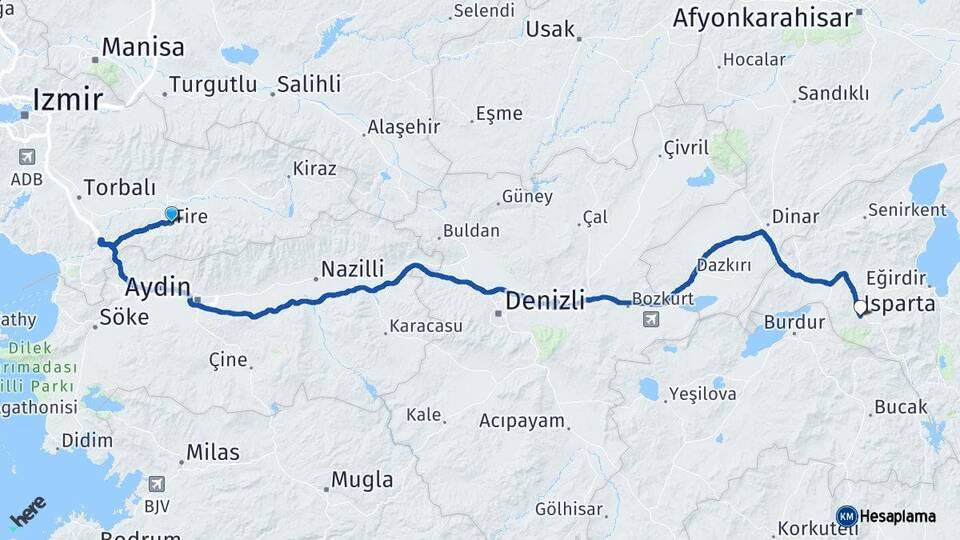 İzmir Tire Isparta Arası Kaç Km - Yol Haritası