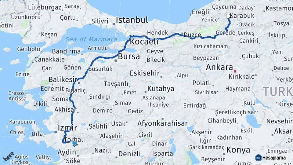 İzmir Tire Karabük Arası Kaç Km - Yol Haritası