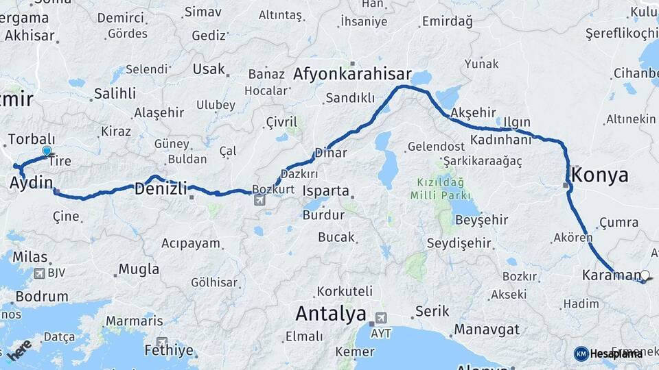 İzmir Tire Karaman Arası Kaç Km - Yol Haritası