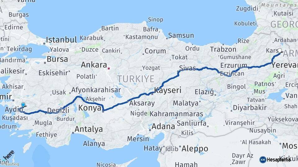 İzmir Tire Kars Arası Kaç Km - Yol Haritası
