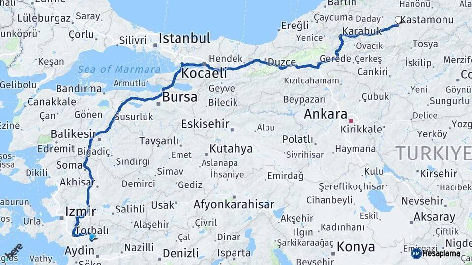 İzmir Tire Kastamonu Arası Kaç Km - Yol Haritası