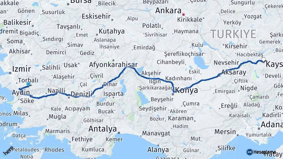 İzmir Tire Kayseri Arası Kaç Km - Yol Haritası