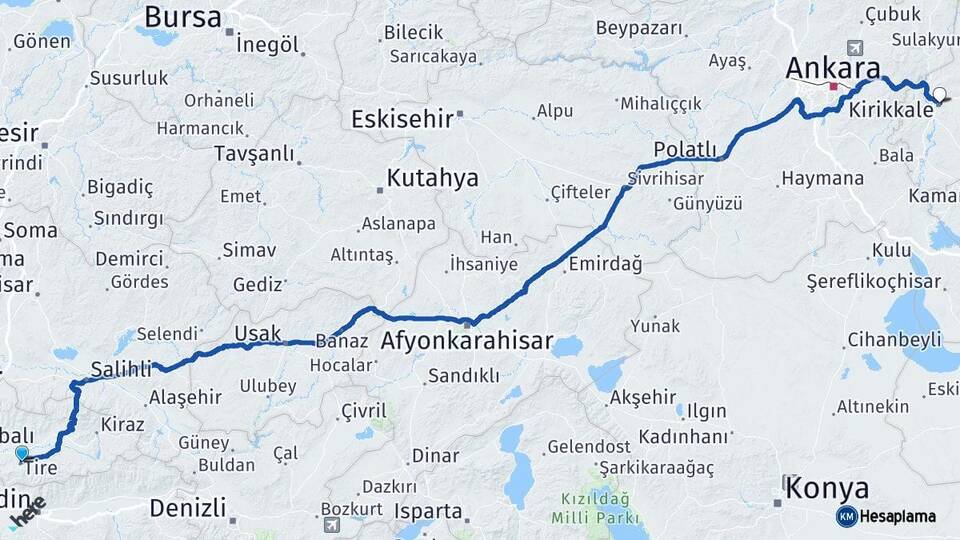 İzmir Tire Kırıkkale Arası Kaç Km - Yol Haritası