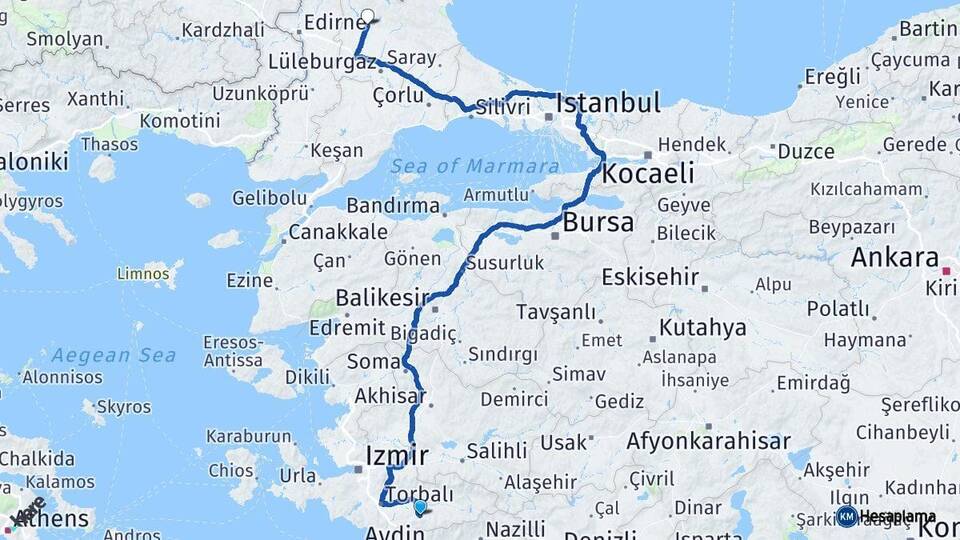 İzmir Tire Kırklareli Arası Kaç Km - Yol Haritası