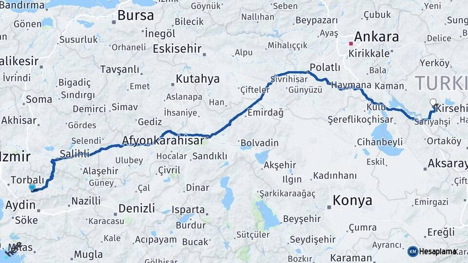 İzmir Tire Kırşehir Arası Kaç Km - Yol Haritası