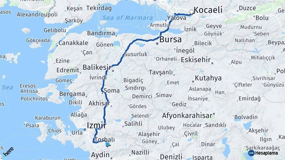 İzmir Tire Kocaeli Arası Kaç Km - Yol Haritası