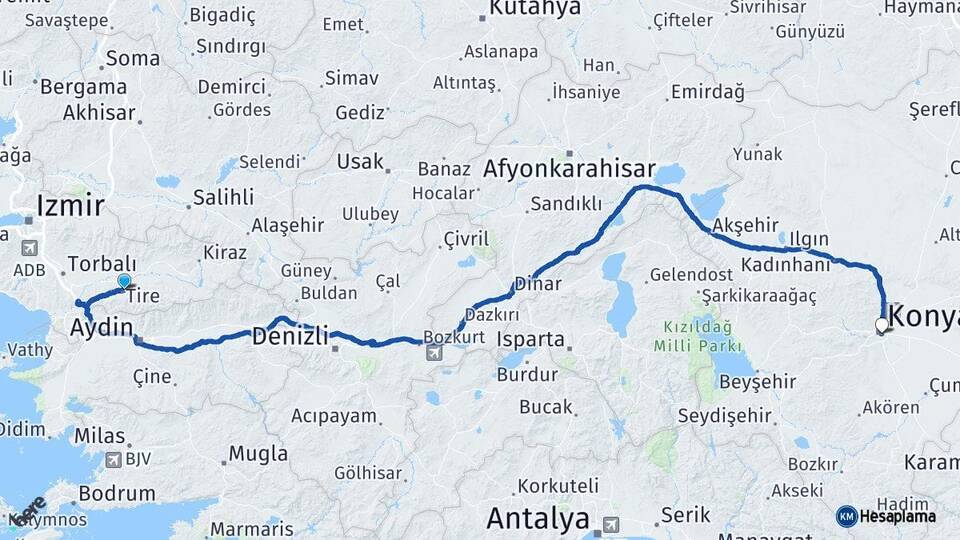 İzmir Tire Konya Arası Kaç Km - Yol Haritası