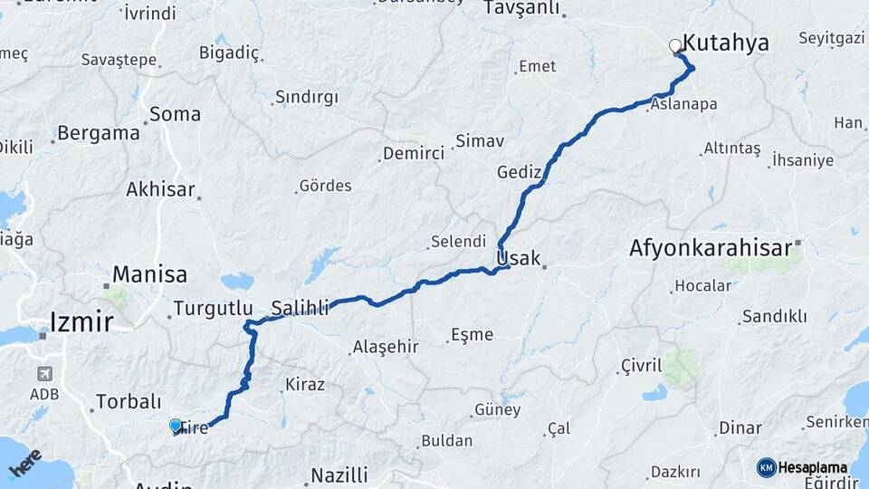 İzmir Tire Kütahya Arası Kaç Km - Yol Haritası