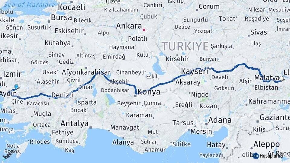 İzmir Tire Malatya Arası Kaç Km - Yol Haritası