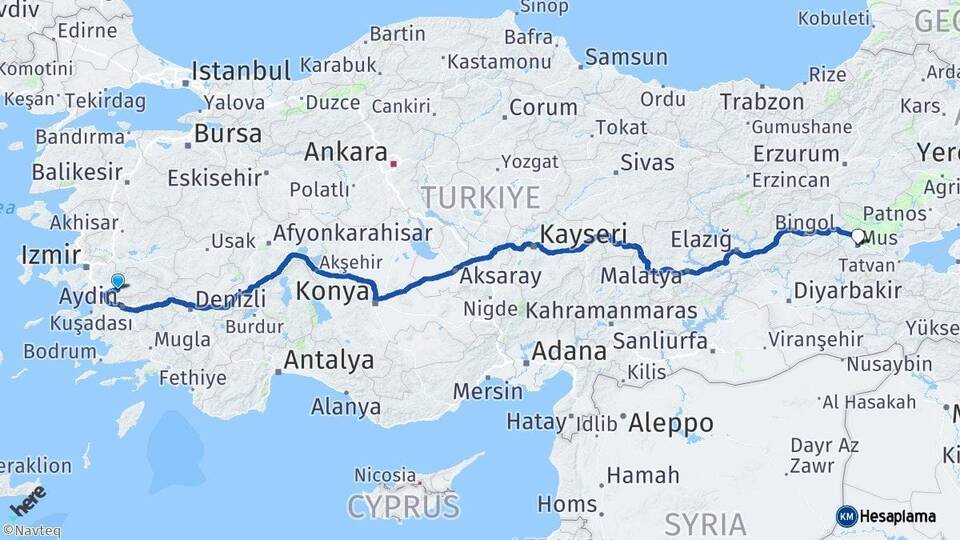 İzmir Tire Muş Arası Kaç Km - Yol Haritası