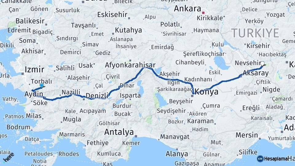 İzmir Tire Nevşehir Arası Kaç Km - Yol Haritası