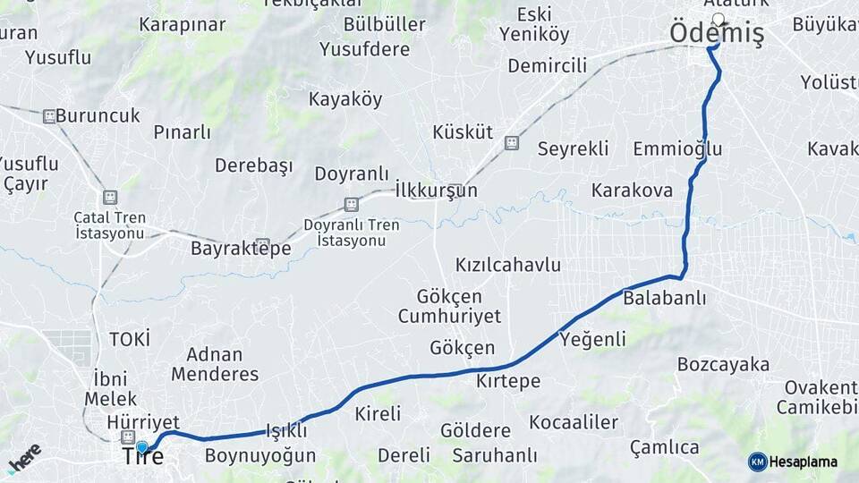 İzmir Tire Ödemiş Arası Kaç Km - Yol Haritası