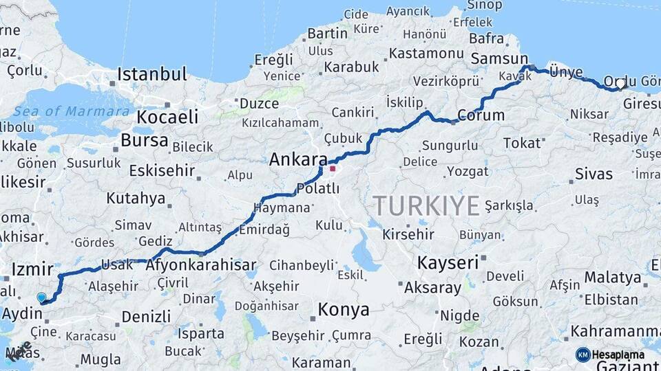 İzmir Tire Ordu Arası Kaç Km - Yol Haritası