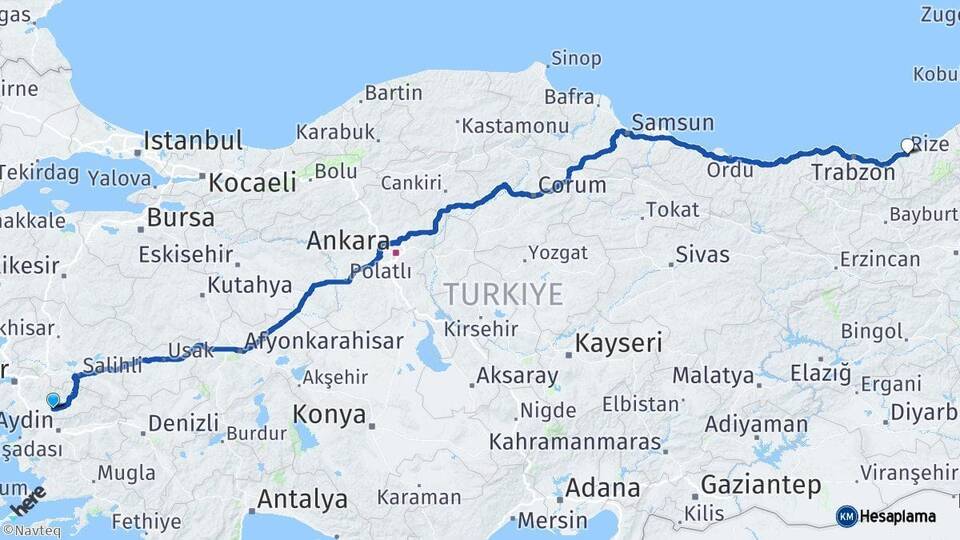 İzmir Tire Rize Arası Kaç Km - Yol Haritası