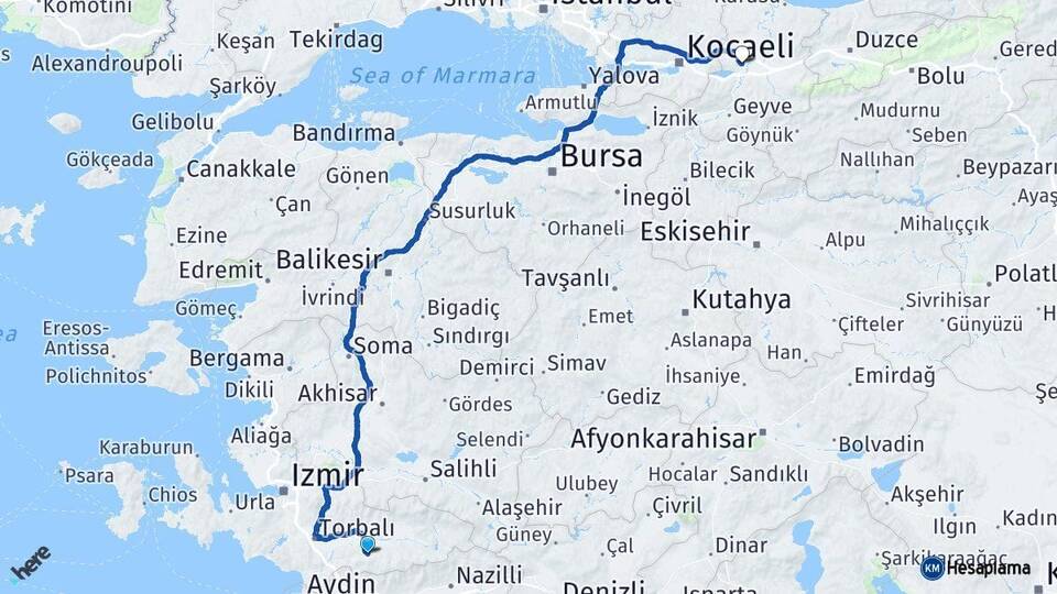 İzmir Tire Sakarya Arası Kaç Km - Yol Haritası