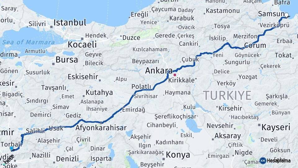 İzmir Tire Samsun Arası Kaç Km - Yol Haritası