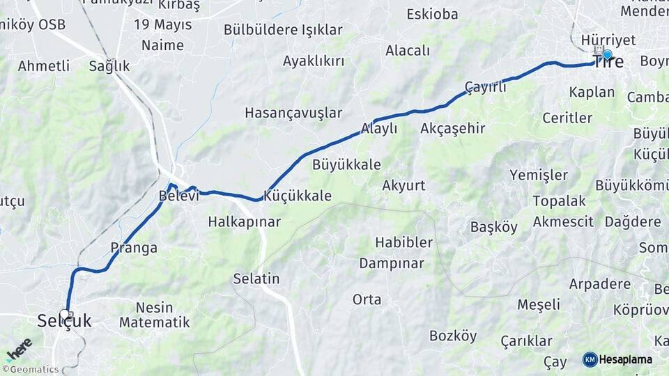 İzmir Tire Selçuk Arası Kaç Km - Yol Haritası
