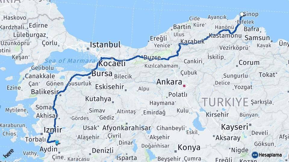 İzmir Tire Sinop Arası Kaç Km - Yol Haritası