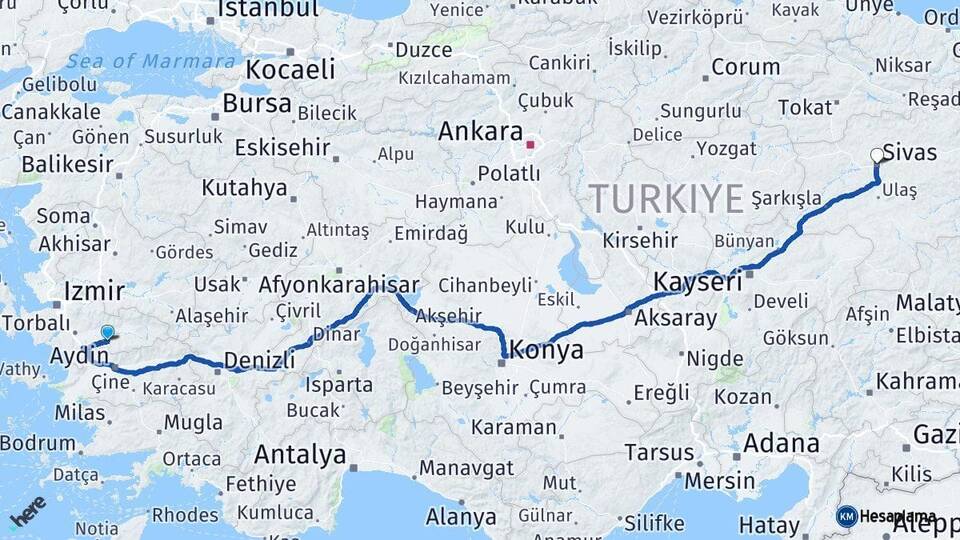 İzmir Tire Sivas Arası Kaç Km - Yol Haritası