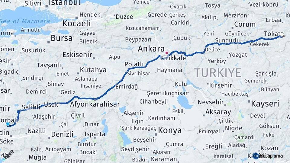 İzmir Tire Tokat Arası Kaç Km - Yol Haritası