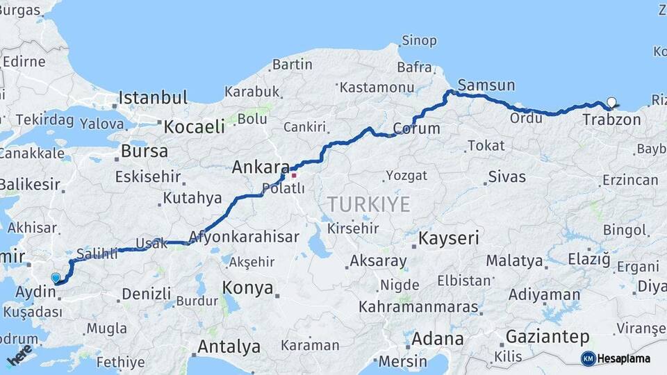 İzmir Tire Trabzon Arası Kaç Km - Yol Haritası