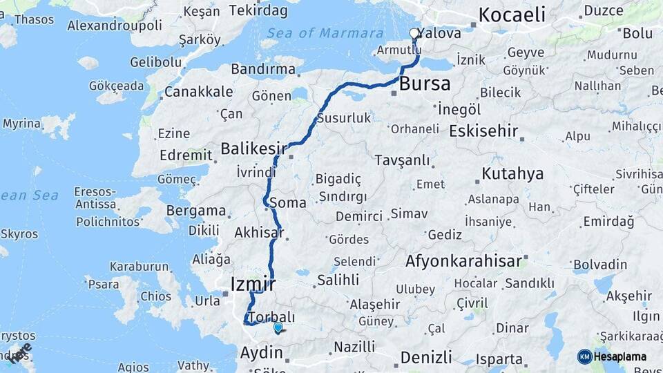 İzmir Tire Yalova Arası Kaç Km - Yol Haritası