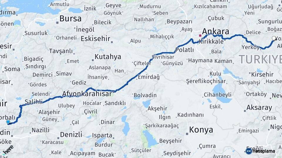 İzmir Tire Yozgat Arası Kaç Km - Yol Haritası