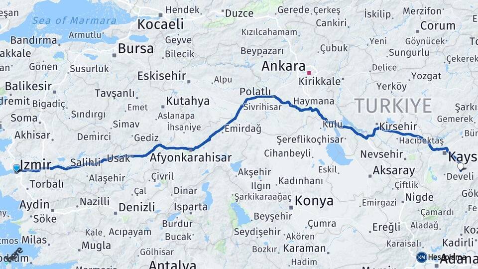 İzmir Tomarza Kayseri Arası Kaç Km - Yol Haritası