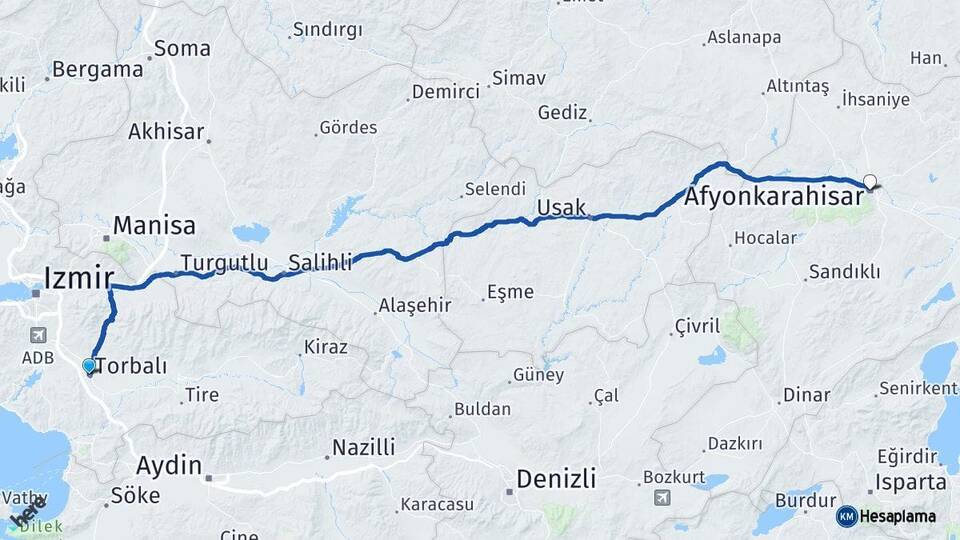 İzmir Torbalı Afyonkarahisar Arası Kaç Km - Yol Haritası