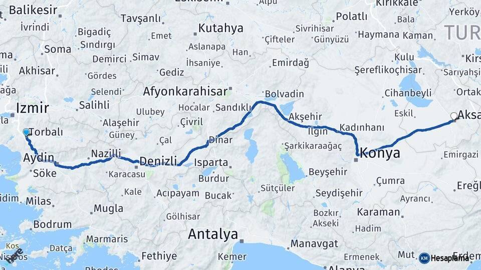 İzmir Torbalı Aksaray Arası Kaç Km - Yol Haritası