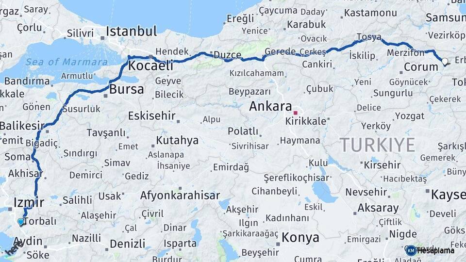 İzmir Torbalı Amasya Arası Kaç Km - Yol Haritası