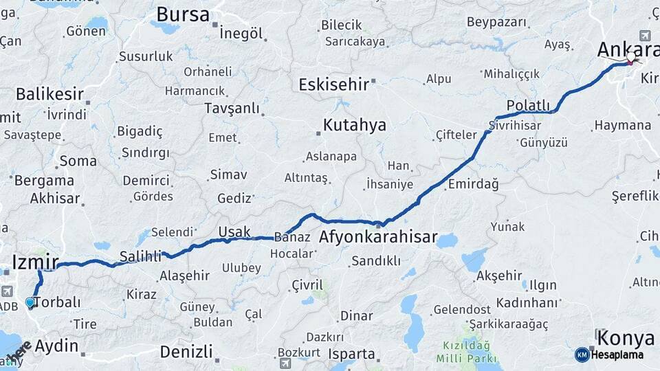 İzmir Torbalı Ankara Arası Kaç Km - Yol Haritası