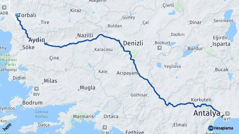 İzmir Torbalı Antalya Arası Kaç Km - Yol Haritası