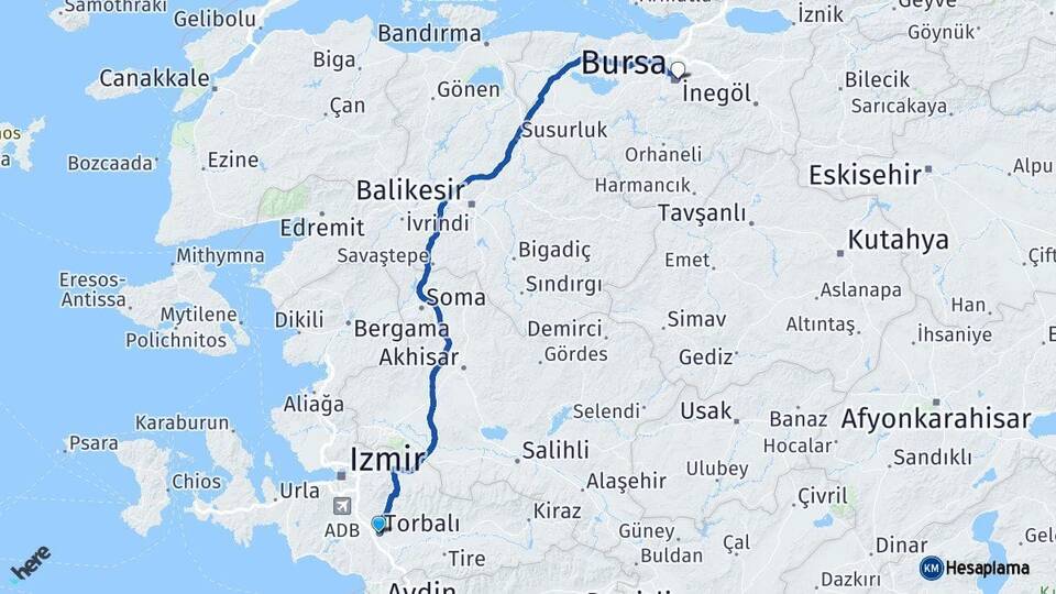 İzmir Torbalı Bursa Arası Kaç Km - Yol Haritası