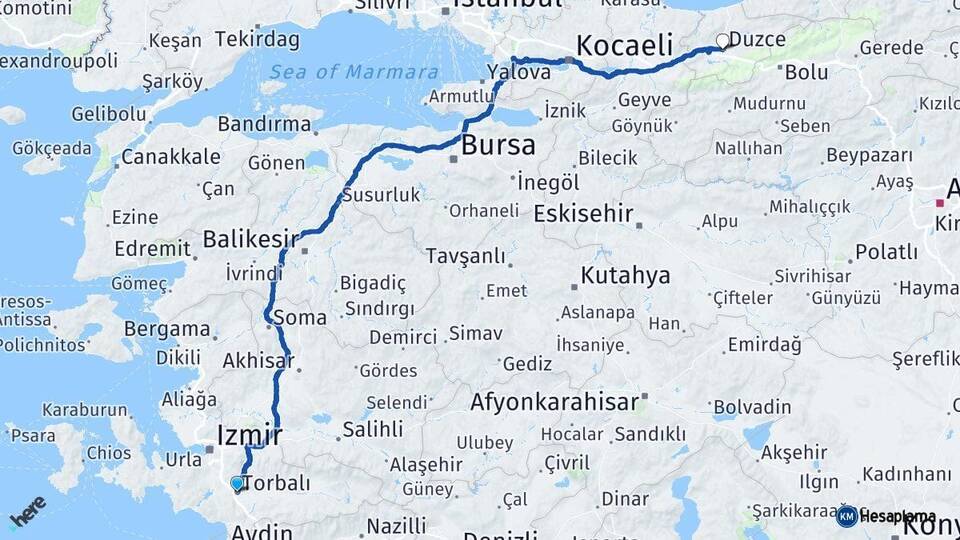 İzmir Torbalı Düzce Arası Kaç Km - Yol Haritası