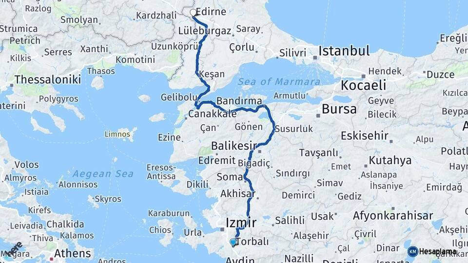 İzmir Torbalı Edirne Arası Kaç Km - Yol Haritası