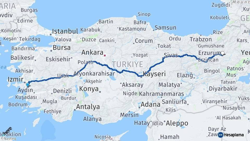 İzmir Torbalı Erzurum Arası Kaç Km - Yol Haritası