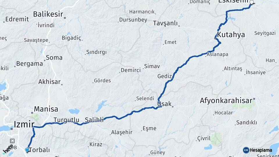 İzmir Torbalı Eskişehir Arası Kaç Km - Yol Haritası