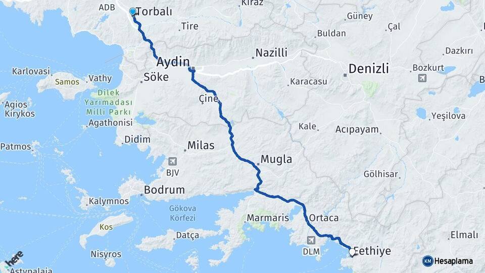 İzmir Torbalı Fethiye Muğla Arası Kaç Km - Yol Haritası