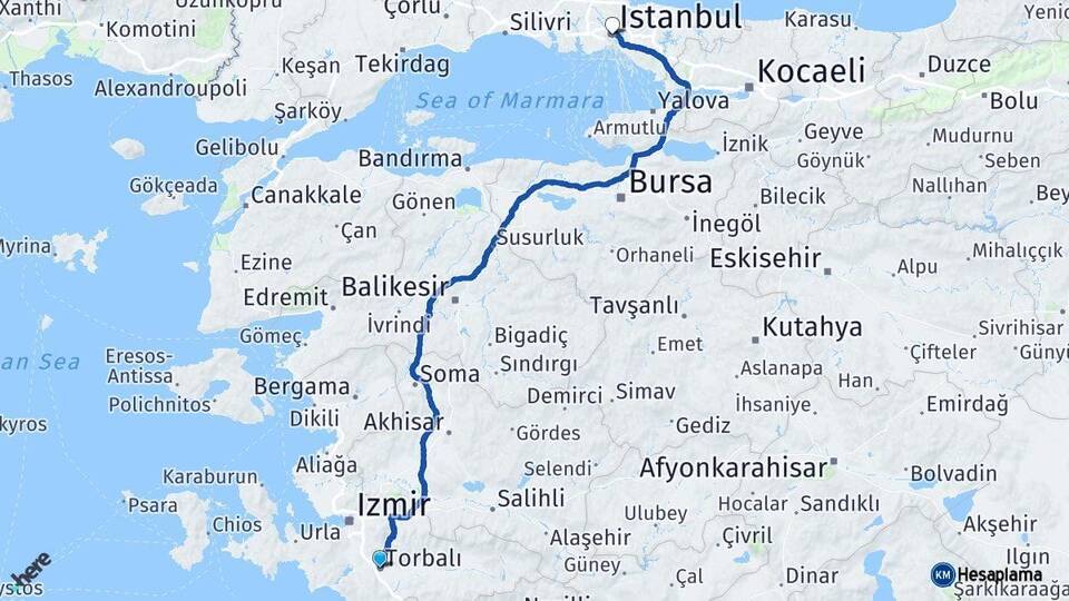 İzmir Torbalı İstanbul Arası Kaç Km - Yol Haritası