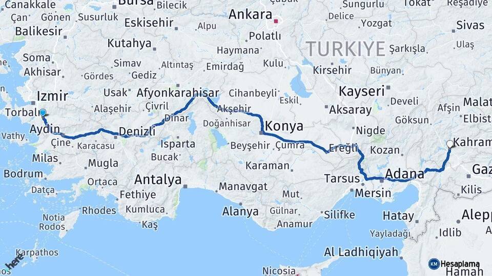 İzmir Torbalı Kahramanmaraş Arası Kaç Km - Yol Haritası