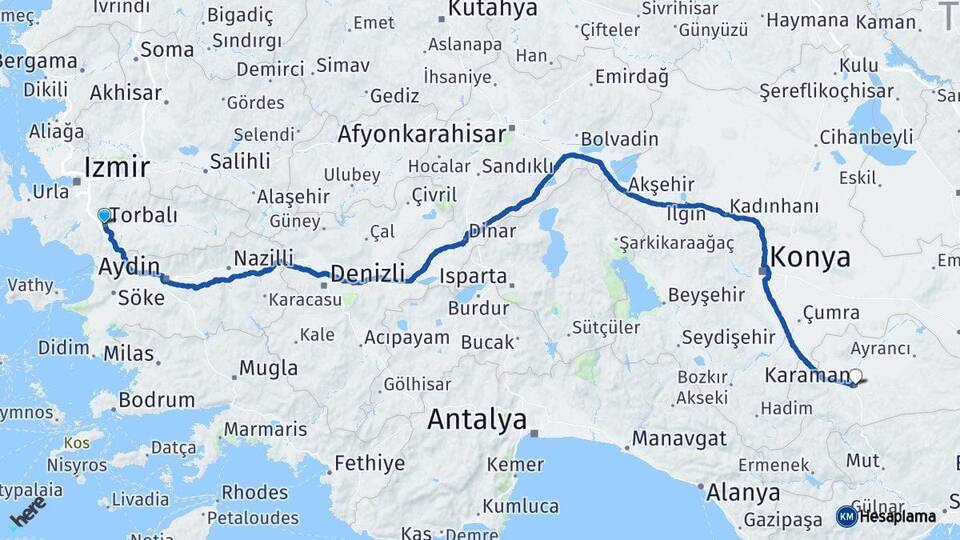 İzmir Torbalı Karaman Arası Kaç Km - Yol Haritası