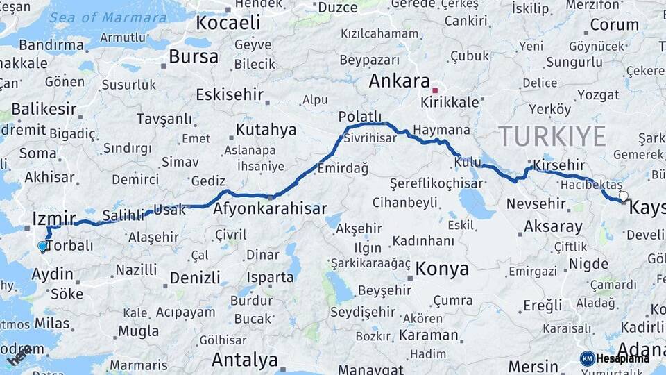 İzmir Torbalı Kayseri Arası Kaç Km - Yol Haritası