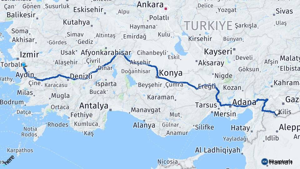 İzmir Torbalı Kilis Arası Kaç Km - Yol Haritası