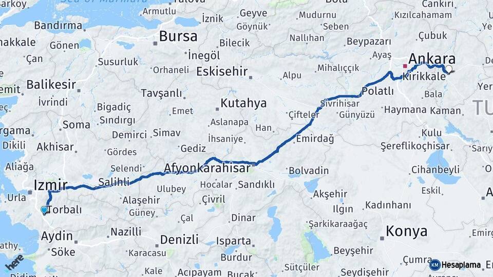 İzmir Torbalı Kırıkkale Arası Kaç Km - Yol Haritası