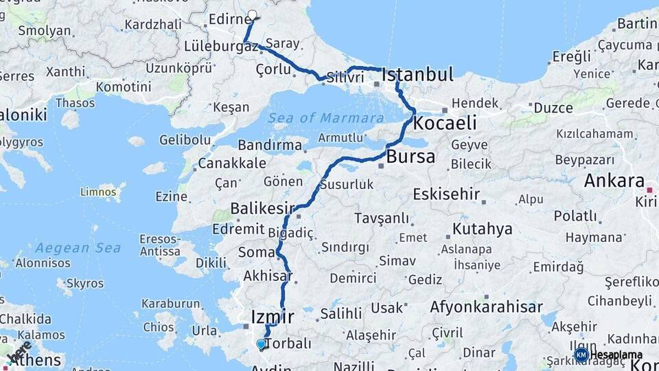 İzmir Torbalı Kırklareli Arası Kaç Km - Yol Haritası
