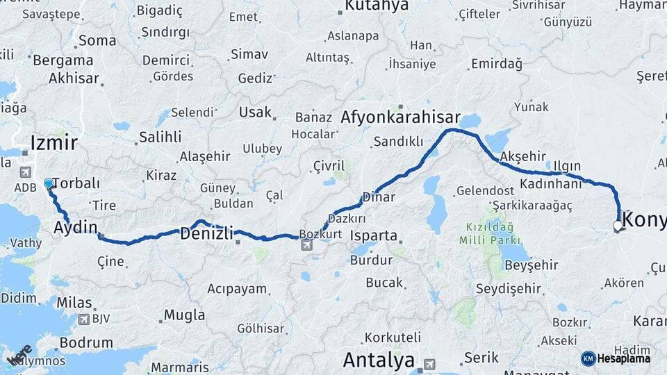 İzmir Torbalı Konya Arası Kaç Km - Yol Haritası